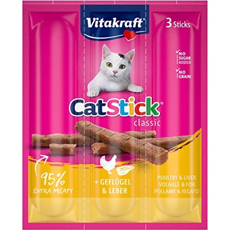 VITAKRAFT Cat-Stick Mini, Katzensnack mit Geflügel und Leber, getreidefrei, 3 Sticks à 6 g im Frischebeutel