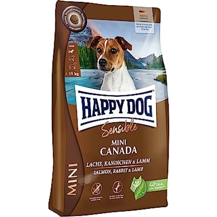 Happy Dog Sensible Trockenfutter Adult Mini Canada, getreidefreie Rezeptur mit Lachs, Kaninchen und Lamm, 4 kg – Bild 1