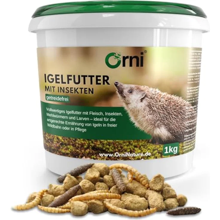 Orni Igelfutter mit Insekten, getreidefreies Trockenfutter für Igel, 1kg, 75% Fleischanteil, artgerecht mit Mehlwürmern und Seidenraupen – Bild 1
