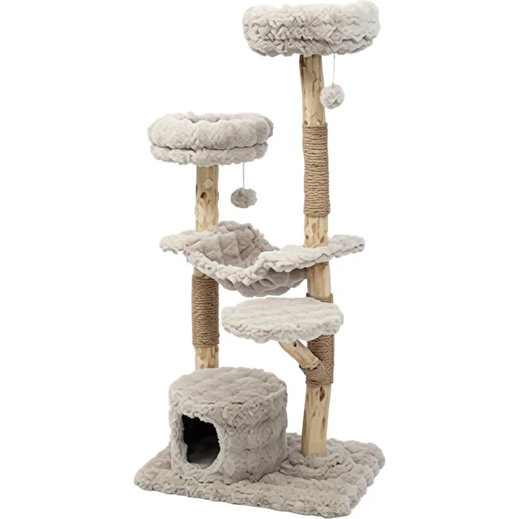 KOMFOTTEU Kratzbaum 147 cm, Katzenbaum mit Hängematte, geschlossener Höhle & 3 Plattformen, aus Plüsch & Massivholz, stabiler Katzenkratzbaum in Beige mit 2 Plüschbällen