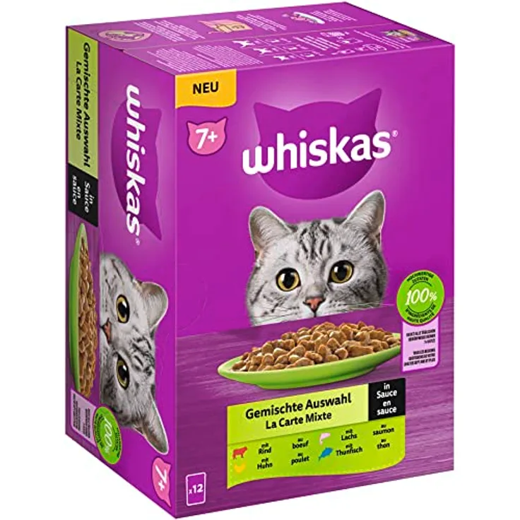 Whiskas 7+ Katzennassfutter – Gemischte Auswahl in Sauce, 12x85g, Hochwertiges Feuchtfutter für Katzen ab 7 Jahren mit ausgewogenen Mineralstoffen und Vitaminen