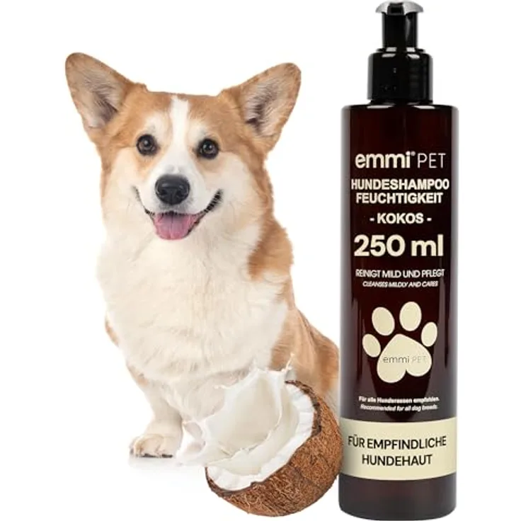 Emmi-pet Hundeshampoo Feuchtigkeit Cocos 250 ml – sanfte Hydro-Fellpflege, entfernt Milbenkot & Pilzsporen, feuchtigkeitsspendend, für empfindliche Hundehaut
