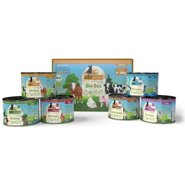catz finefood Bio Katzenfutter nass MIX Paket - 6 x 200 g - ohne Getreide & Zucker - schmackhafte Sorten für ernährungssensible Katzen (Lachs, Pute, Schwein, Rind, Ente, Huhn) - 1,2 kg
