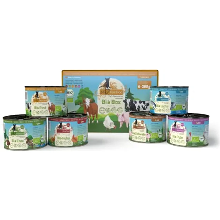 catz finefood Bio Katzenfutter nass MIX Paket - 6 x 200 g - ohne Getreide & Zucker - schmackhafte Sorten für ernährungssensible Katzen (Lachs, Pute, Schwein, Rind, Ente, Huhn) - 1,2 kg – Bild 1