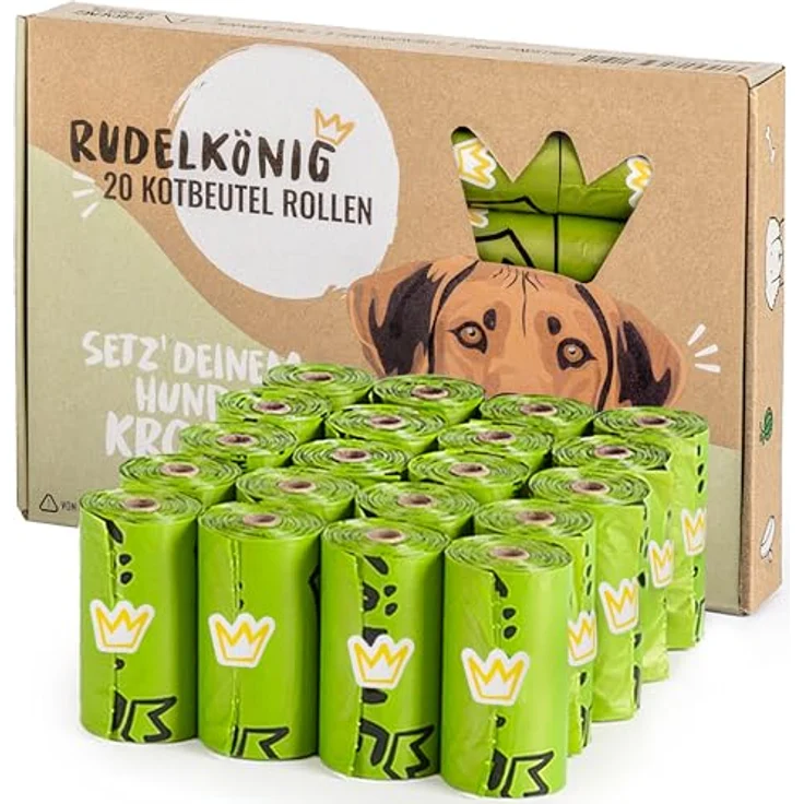 Rudelkönig Hundekotbeutel, auslaufsicher und extra stark, 300 Stück aus recyceltem Kunststoff mit Beutelspender im Knochen-Design – Bild 1