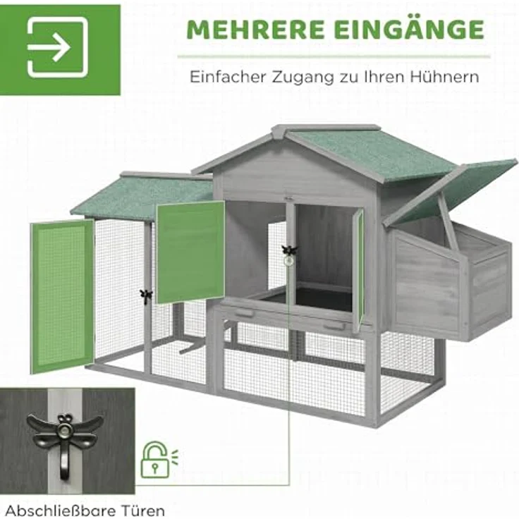 PawHut Hühnerstall Hühnerhaus mit Freilaufgehege, Nistkasten, Rampe und herausziehbarem Tablett, für 2-4 Hühner, grau – Bild 4