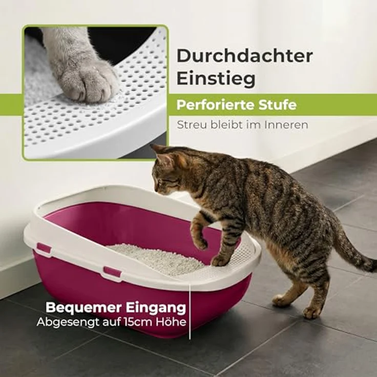 adena XXL Jumbo Katzentoilette Schale 65 cm pink, große Streuschaufel, perforierte Einstiegsstufe, hohe Rückwand – Bild 4