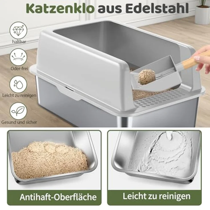 Gimars XL Katzenklo aus Metall, 37L Edelstahl Katzentoilette mit hoher Seitenwand, Schaufel & Matte, robustes Design für große & mittelgroße Katzen – Bild 4