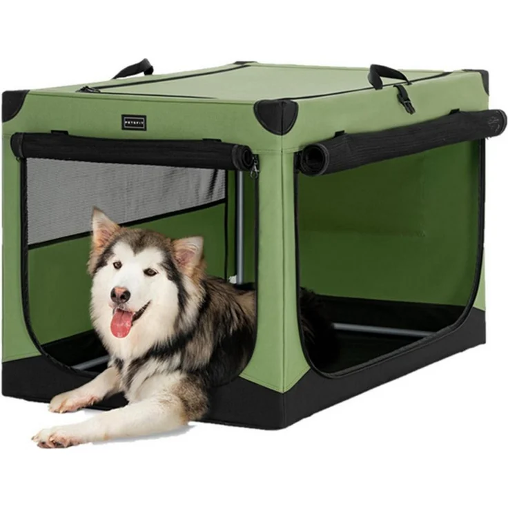 LuxusKollektion Hunde-Transportbox XL, faltbar mit Stoffbezug und Spiraleisenrohr, grün, drei abschließbare Türen und praktische Aufbewahrungstasche