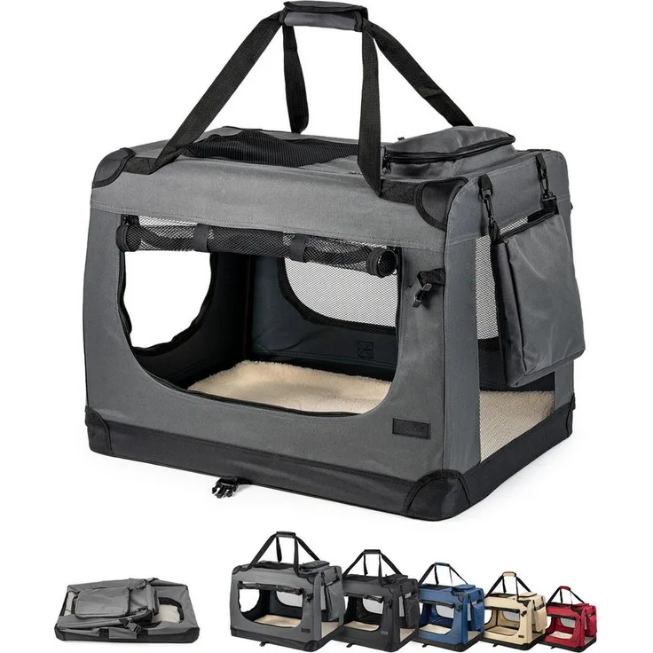 lionto Katzentransportbox für Katzen, leicht und komfortabel, 60x42x44 cm, grau, bis 12 kg, mit Luftzirkulation und abnehmbarem Innenkissen