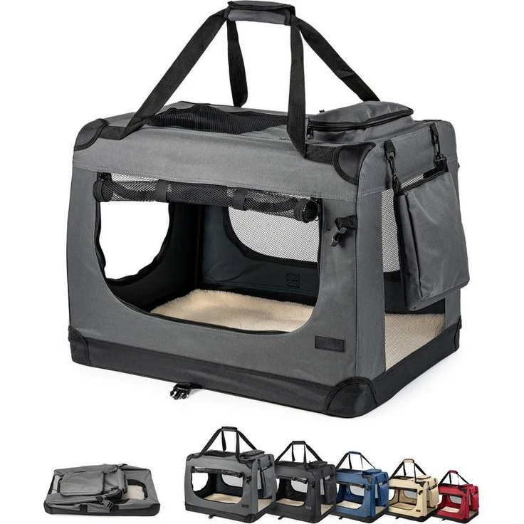 lionto Katzentransportbox für Katzen, leicht und komfortabel, 60x42x44 cm, grau, bis 12 kg, mit Luftzirkulation und abnehmbarem Innenkissen