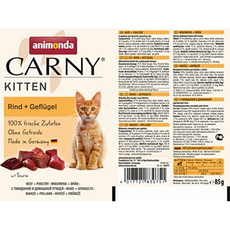 animonda Carny Kitten Katzenfutter nass Rind + Geflügel, 12 Portionsbeutel (12 x 85g), getreidefreies Nassfutter ohne Zucker mit frischen fleischigen Zutaten für junge Katzen – Bild 2
