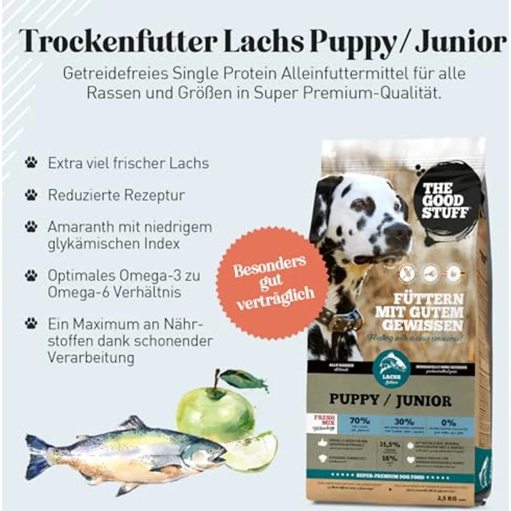 THE GOODSTUFF Lachs (Puppy/Junior) 2,5 kg | Getreidefreies Trockenfutter für Welpen & Junghunde | Mit 70 % frischem Lachs als einzige Proteinquelle | Hochwertiges Super-Premium Hundefutter – Bild 3