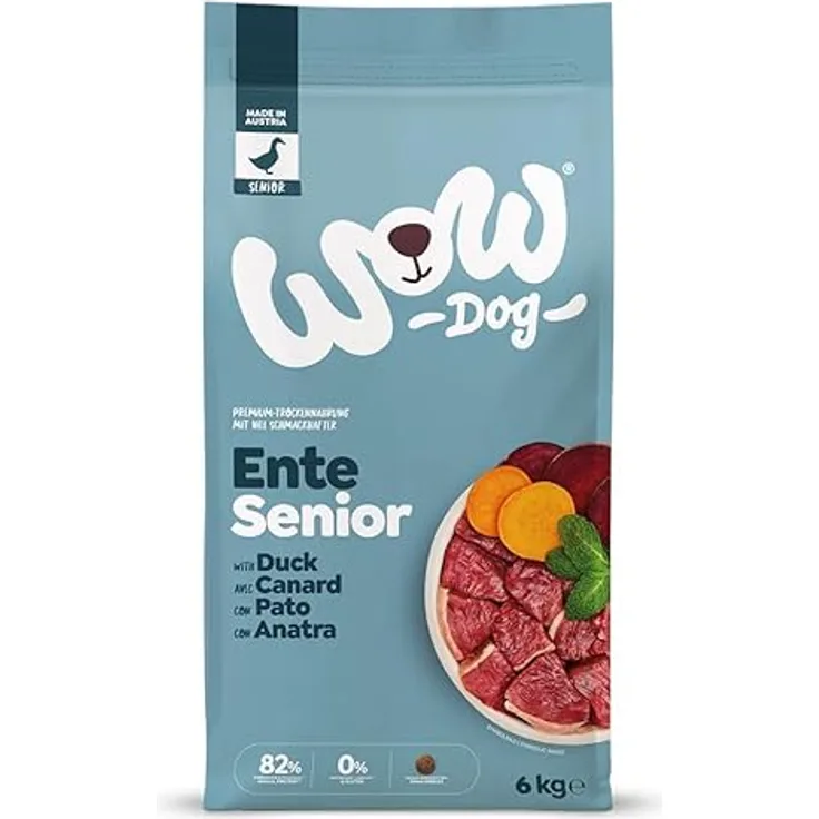 WOW Senior Ente, 6 kg Premium-Hunde-Trockenfutter für ältere Hunde, Single-Protein Rezeptur mit Ente, ohne Getreide, reich an Omega-3 und Omega-6-Fettsäuren