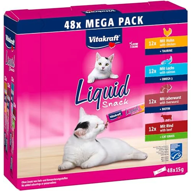 Vitakraft Cat Liquid-Snack Multipack, 48 x 15 g, Mix 2 mit Huhn, Rind, Lachs und Leberwurst, kalorienarm und vielseitig verwendbar – Bild 1