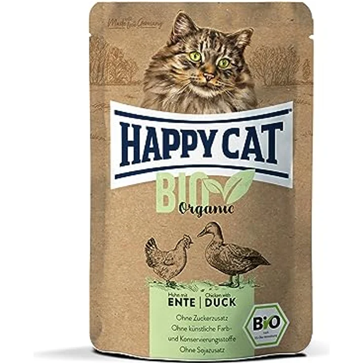 Happy Cat Bio Pouch Huhn & Ente, 85 g, getreidefreies Katzen-Nassfutter aus kontrolliert biologischer Landwirtschaft, ohne künstliche Zusatzstoffe – Bild 1