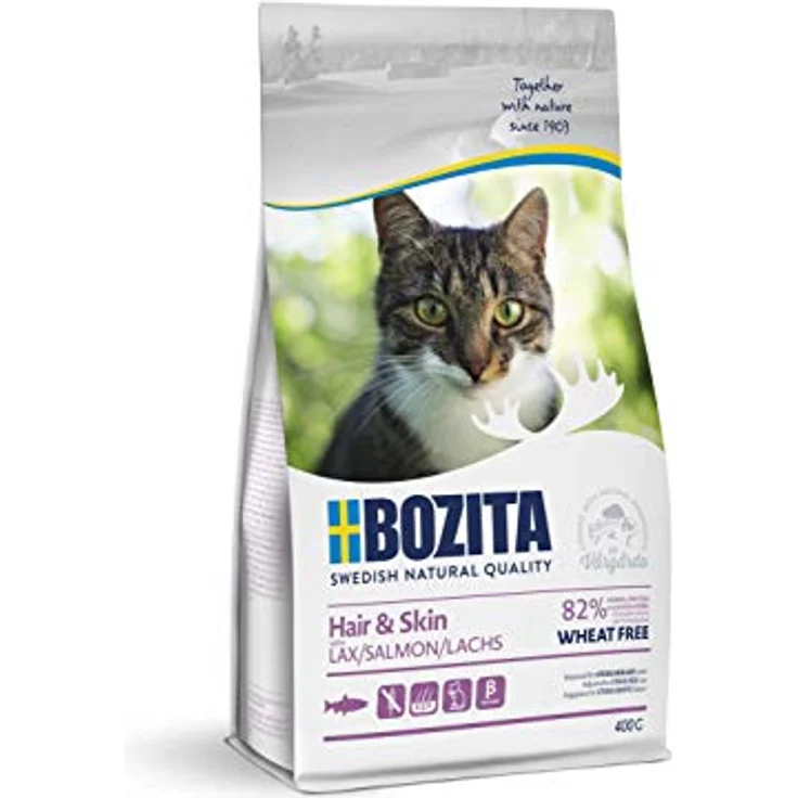 Bozita Hair & Skin Katzentrockenfutter mit Lachs – 400g, weizenfreies Futter mit 34% Protein und 10% Fett, für gesunde Haut und glänzendes Fell, ohne Zucker & Gentechnik – Bild 1