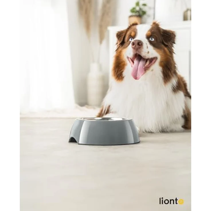 lionto Futternapf aus Melamin, 940 ml herausnehmbarer Edelstahlnapf, Anti-Rutsch Boden, leicht zu reinigen, ergonomisches Design, grau, für Hunde & Katzen – Bild 2