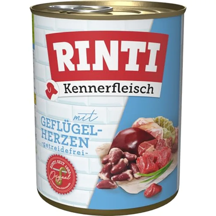 Rinti RINTI Kennerfleisch 800 g, Hunde-Nassfutter mit hohem Fleischanteil und Geflügelherzen, getreidefrei, ballaststoffreich, ohne künstliche Zusatzstoffe