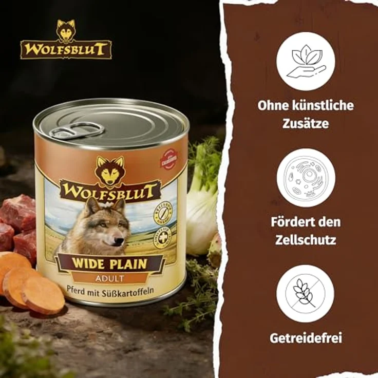 WOLFSBLUT Wide Plain Adult, Nassfutter mit Pferd und Superfood-Mix, getreidefreies Alleinfutter für ausgewachsene Hunde, 6x800g – Bild 5