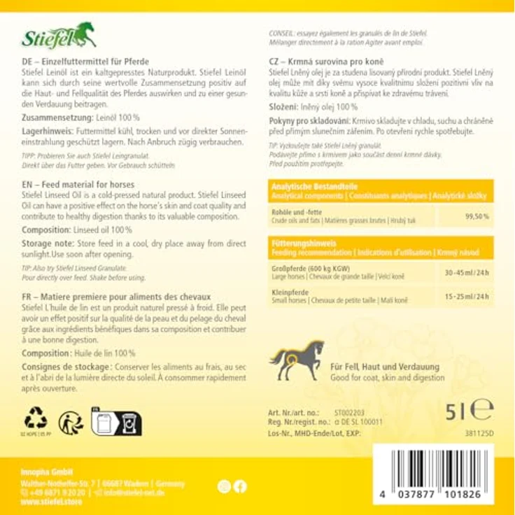 Stiefel Leinöl für Pferde, 100% naturreines kaltgepresstes Öl zur Unterstützung von Fellwechsel, Verdauung & Haut, flüssig, 5l – Bild 3