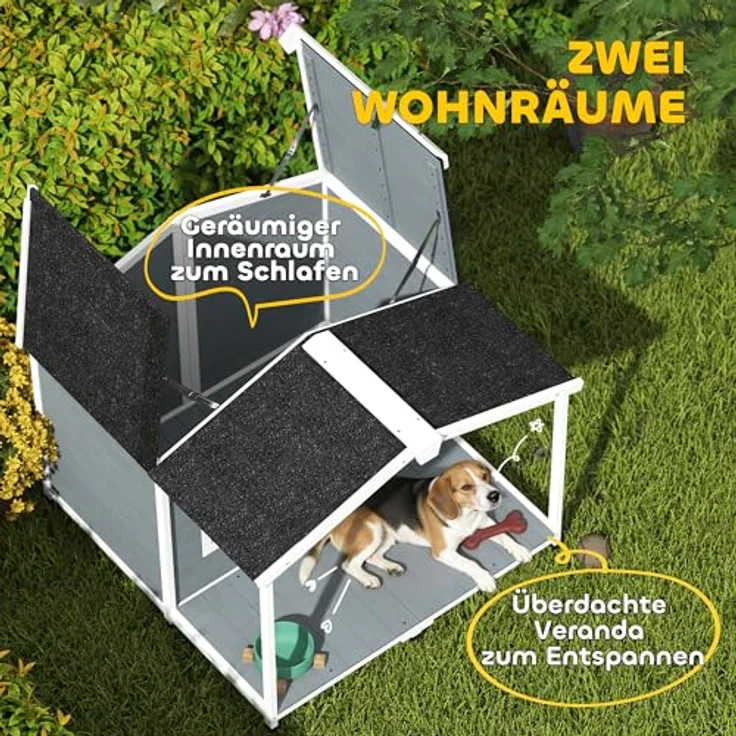 PawHut Hundehütte Wetterfestes Hundehaus aus Holz, Erhöhte Hundehöhle mit Aufklappbarem Asphaltdach, Terrasse und Fenster, für mittelgroße Hunde bis 20 kg, Grau, 103 x 107 x 83,5 cm – Bild 5