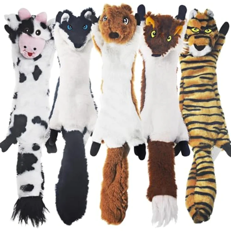 SHARLOVY Dog Quietschspielzeug 5er-Pack, ungefülltes Crinkle Hundespielzeug mit Quietschern für große und mittelgroße Hunde, Eichhörnchen, Leopard, Fuchs, Wolf, Tiger – Bild 2