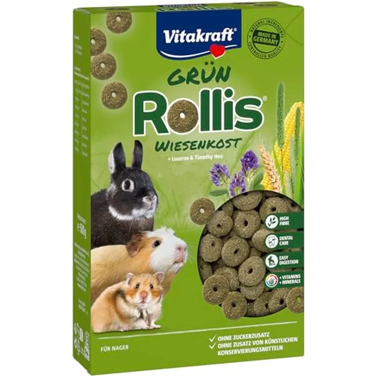 Vitakraft Rollis, Knusperringe Ergänzungsfutter für Nager, mit Luzerne und Wiesenlieschgras, ohne Zucker und Getreide, 500g