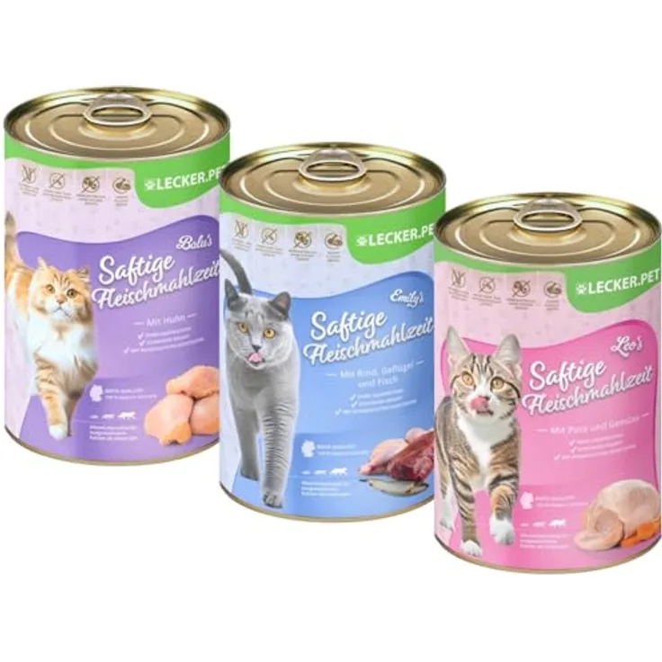 Lyra Pet Lecker.Pet® 18 x 400 g Katzenfutter Nassfutter Mix, Balu's, Emily's & Leo's Fleischmahlzeit ohne Zusatzstoffe, reich an Proteinen, Made in Germany