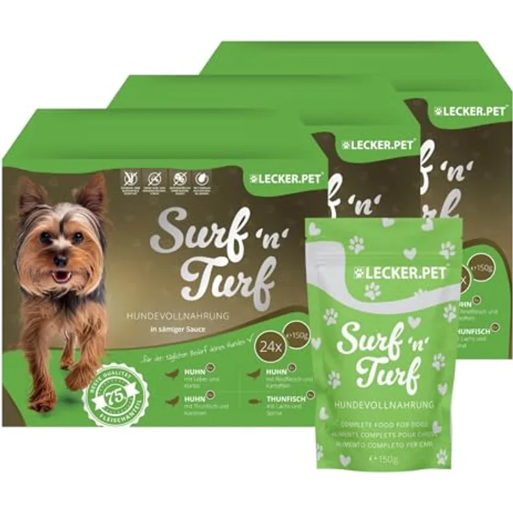 Lyra Pet Lecker.Pet® Surf'n'Turf Pouches Hundefutter Nassfutter, Multipack 72 x 150 g, 4 Sorten, getreidefrei, reich an Proteinen & Mineralien, ideal für ausgewachsene Hunde