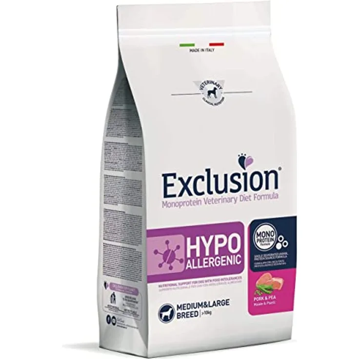 Exclusion Hypoallergenic Medium/Large Breed, Getreidefreies Hunde-Trockenfutter mit Schwein & Erbse, 12 kg