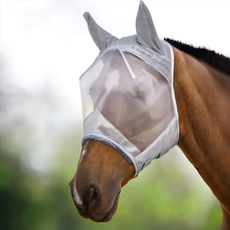 Harrison Howard CareMaster Pferde Fliegenmaske mit UV-Schutz und Ohrenschutz, Silber, Warmblut (L)