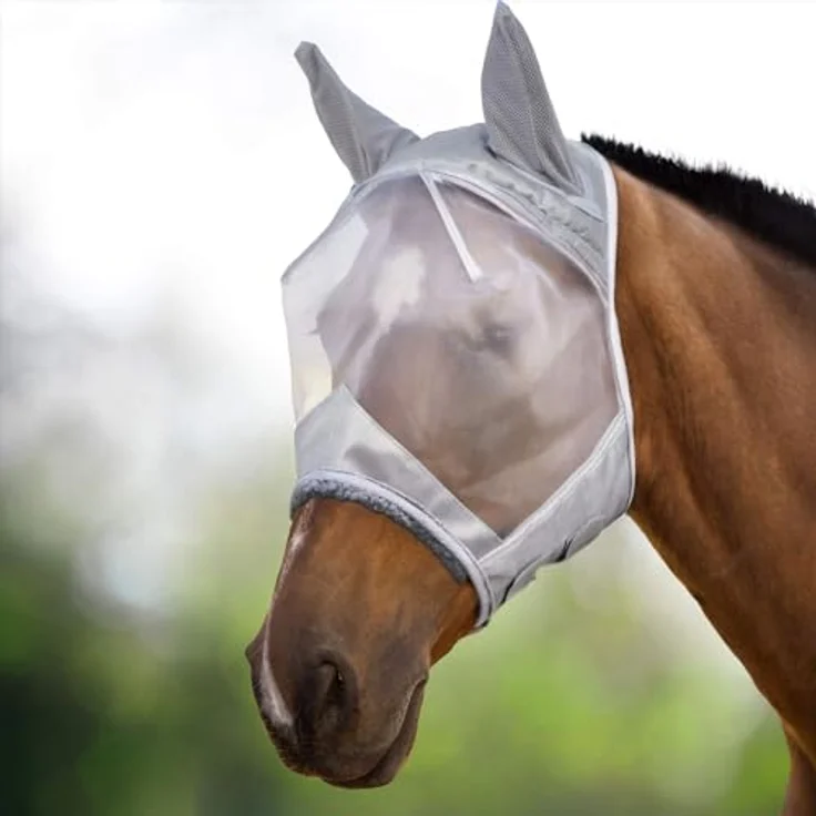 Harrison Howard CareMaster Pferde Fliegenmaske mit UV-Schutz und Ohrenschutz, Silber, Warmblut (L)