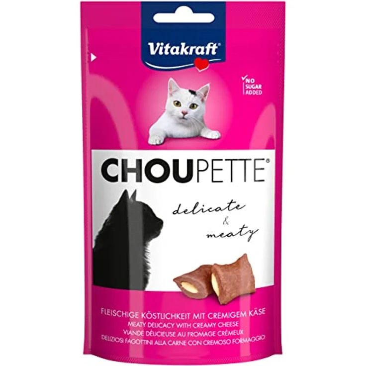 Vitakraft Katzensnack Choupette Käse, fleischiger Snack mit köstlicher Käsefüllung, 40g, ohne Zuckerzusatz im wiederverschließbaren Beutel – Bild 1
