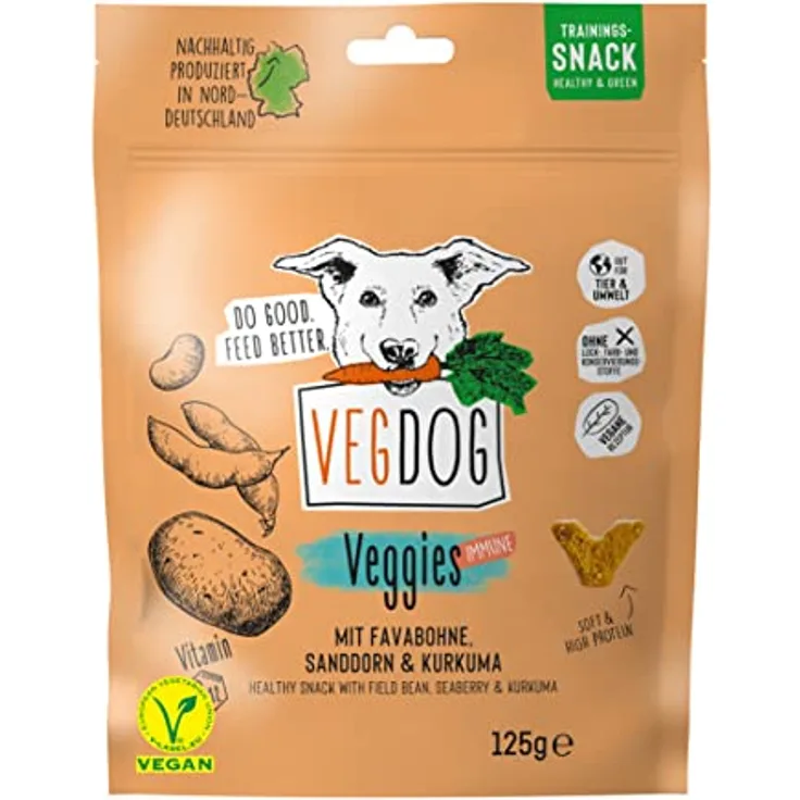 VEGDOG Veggies Immune 125g, pflanzlicher Hundesnack mit Sanddorn und Kurkuma für ein starkes Immunsystem