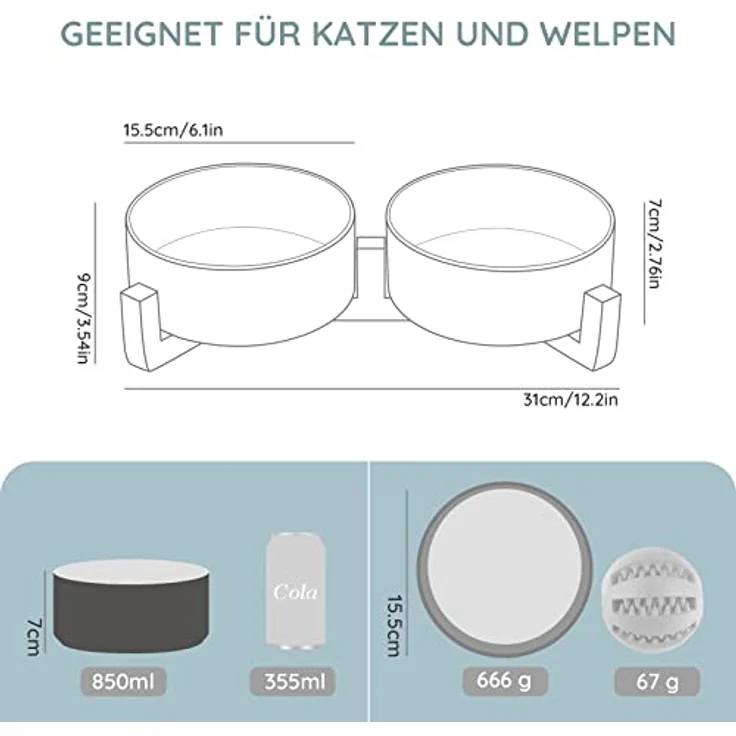 SPUNKYJUNKY Hundenapf Keramik, ergonomisch erhöhter Futternapf mit Bambusständer für große Hunde und Katzen, 850ml, Weiß Grau – Bild 4