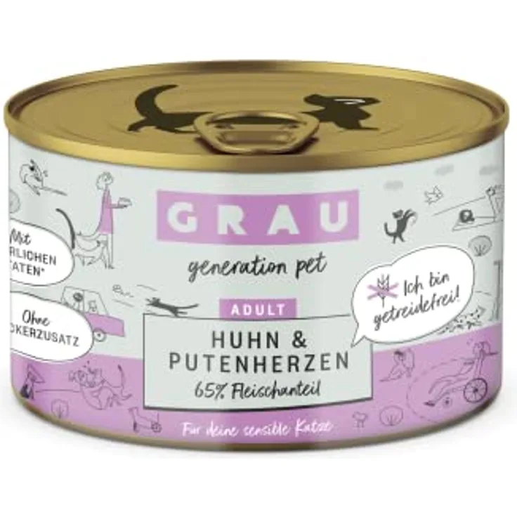 GRAU Nassfutter für Katzen – Huhn & Putenherzen, getreidefrei, 6er Pack (6x 200 g), bekömmlich und fettarm