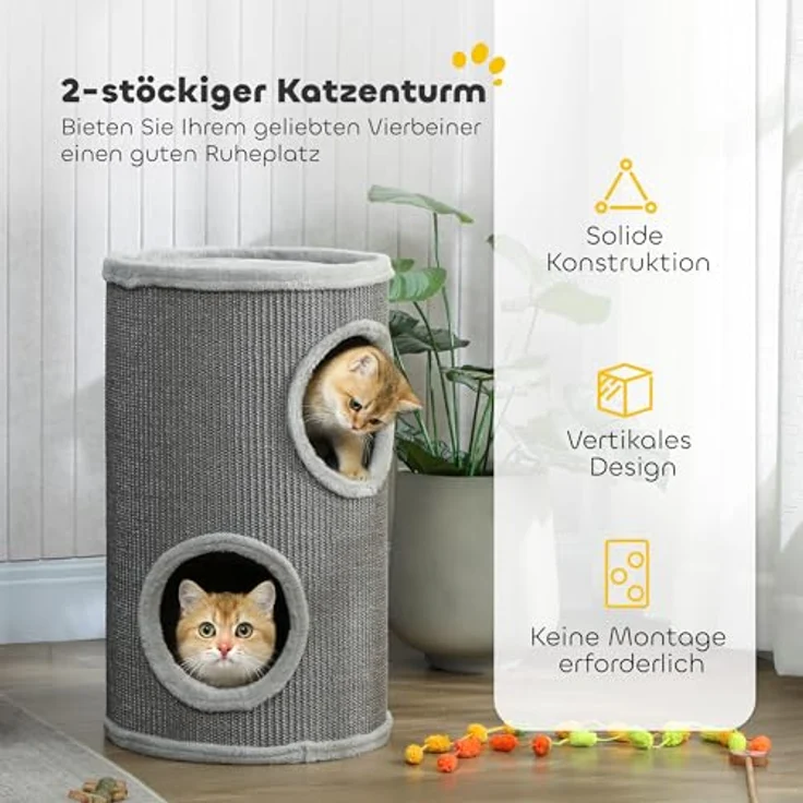 PawHut Kratztonne, 60 cm hoch Ø 35 cm, zweistöckig mit 2 Höhlen, Kratzbaum mit Plüschrand für 1-2 Katzen bis 5 kg, Hellgrau – Bild 3
