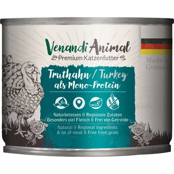 Venandi Animal Monoprotein Katzen-Nassfutter, 6 x 200 g - Truthahn, getreidefrei und hoch verträglich