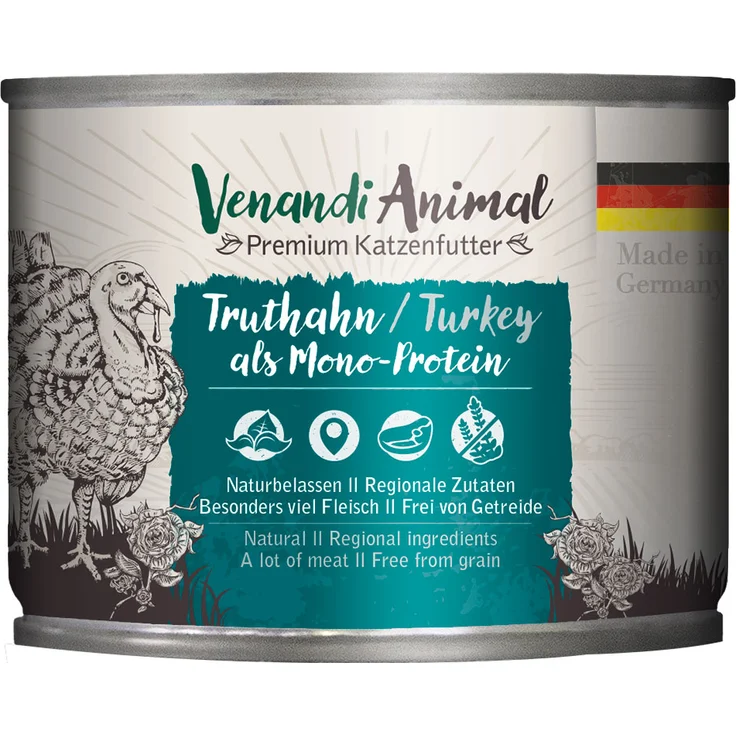 Venandi Animal Monoprotein Katzen-Nassfutter, 6 x 200 g - Truthahn, getreidefrei und hoch verträglich