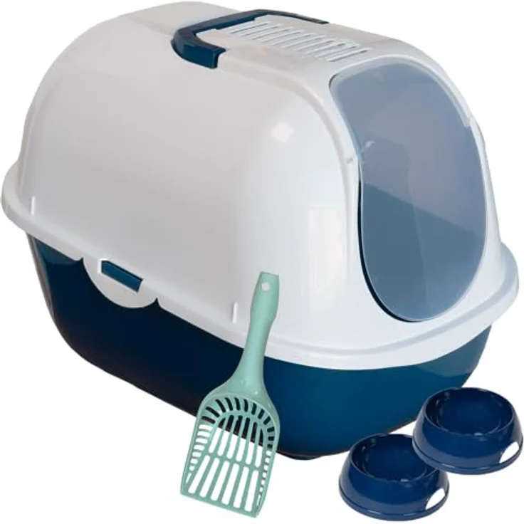 adena Katzentoilette Sondermodell 50, inklusive Schaufel, Aktivkohlefilter und Haube, hochglanz weiß/blau, extra tief für mehr Streu – Bild 1