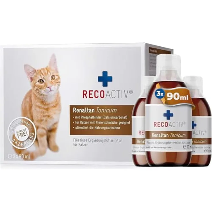 RECOACTIV Renaltan Tonicum für Katzen, 3 x 90 ml, Phosphatbinder zur Unterstützung der Nierenfunktion, Ergänzungsfuttermittel