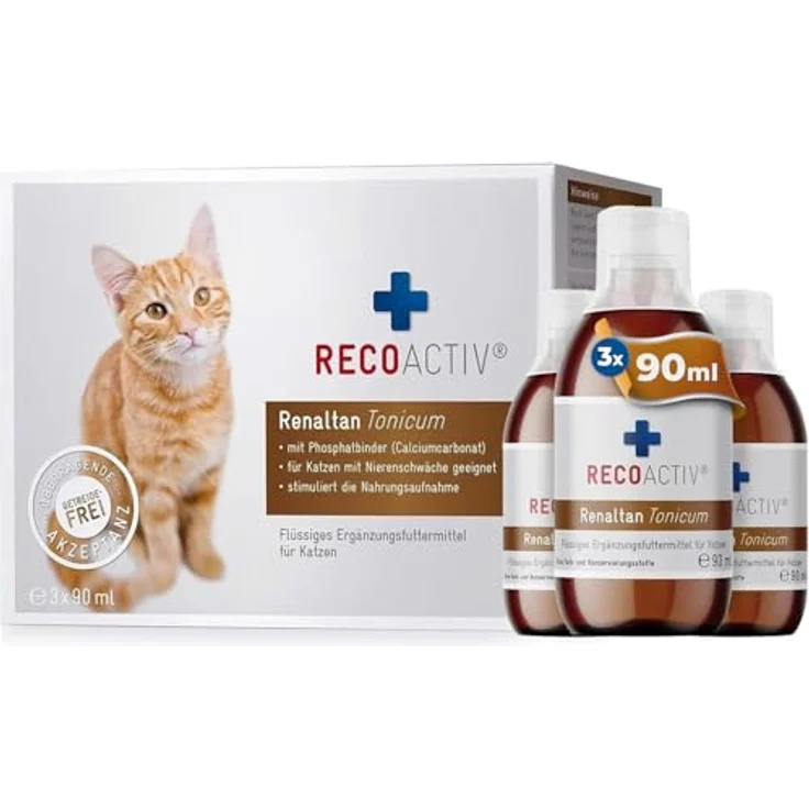 RECOACTIV Renaltan Tonicum für Katzen, 3 x 90 ml, Phosphatbinder zur Unterstützung der Nierenfunktion, Ergänzungsfuttermittel – Bild 1