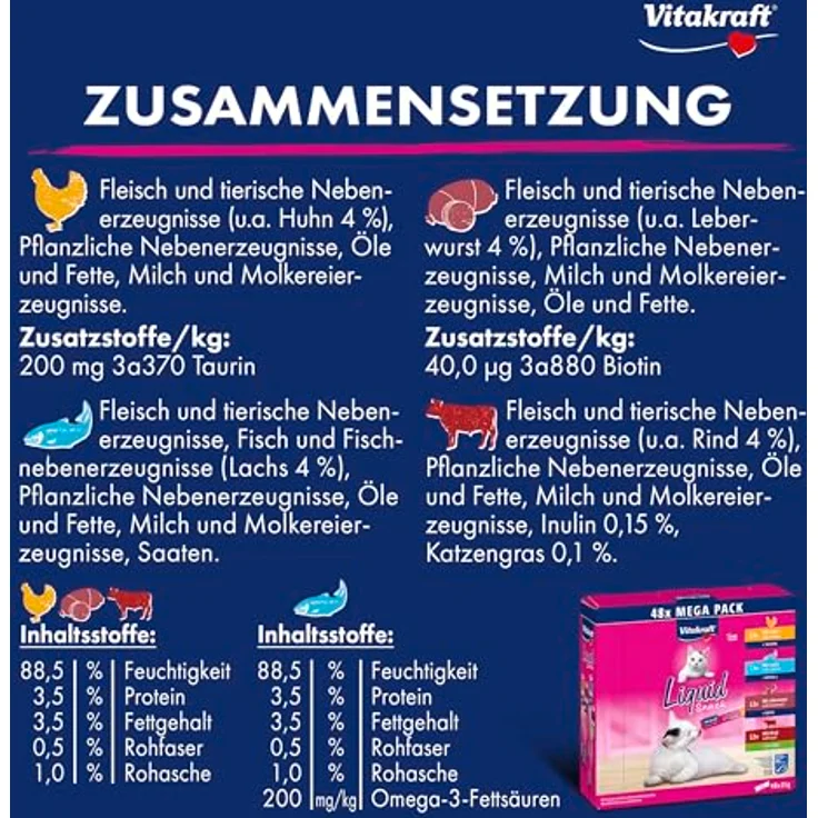 Vitakraft Cat Liquid-Snack Multipack, 48 x 15 g, Mix 2 mit Huhn, Rind, Lachs und Leberwurst, kalorienarm und vielseitig verwendbar – Bild 3