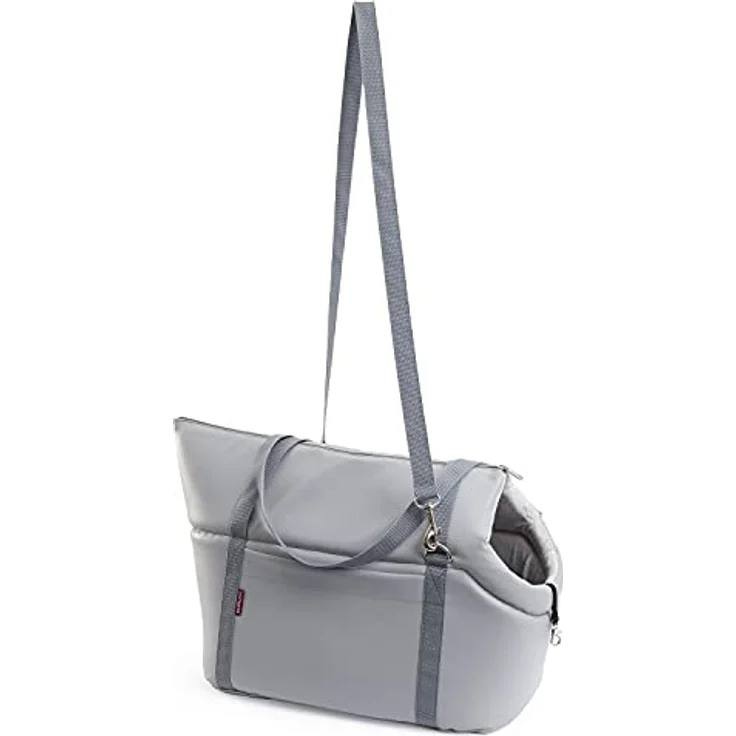 BOUTIQUE ZOO Transporttasche für Hunde und Katzen, Schultertasche bis 15 kg, Grau, Kunstleder, Größe L, mit Gummiband und Karabiner – Bild 2