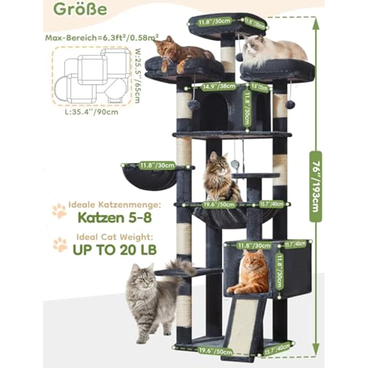 Taoqimiao 193cm Kratzbaum XXL, Multi-Level Katzenbaum für große Katzen mit 3 Plattformen und 7 Sisal-Kratzpfosten, MS047G – Bild 3