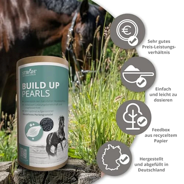 STRÖH Build Up Pearls, Pferdefutter für Muskelaufbau & Kondition, Aminosäuren-Komplex mit Vitaminen, 1,4 kg Feedbox Dose – Bild 5