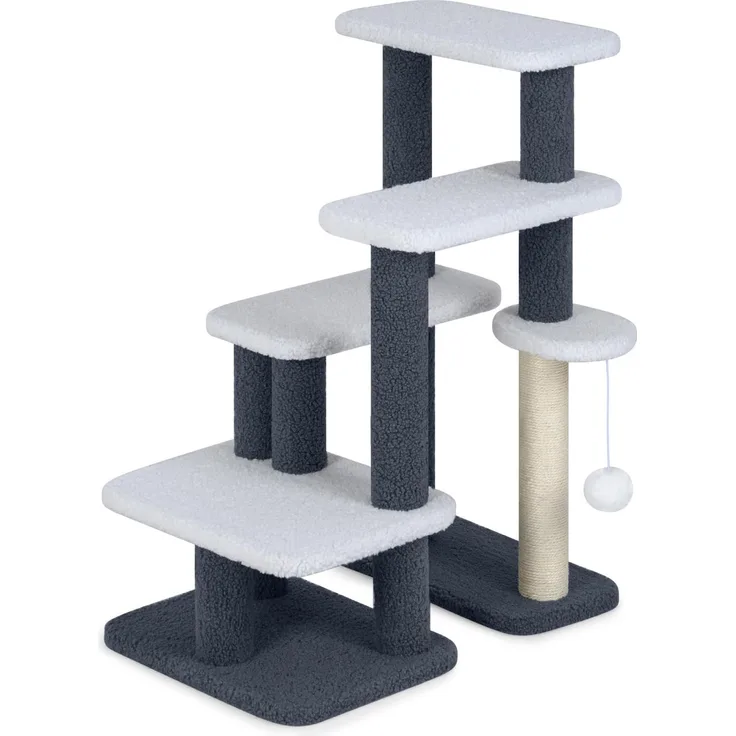 Goplus 4-stufige Katzentreppe, 2 in 1 Kratzbaum mit Sisal-Kratzpfosten, 4 großen Plattformen, hängendem Plüschball, grau