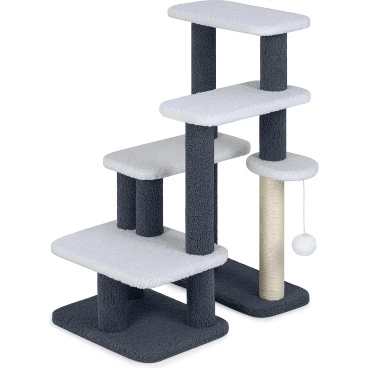 Goplus 4-stufige Katzentreppe, 2 in 1 Kratzbaum mit Sisal-Kratzpfosten, 4 großen Plattformen, hängendem Plüschball, grau