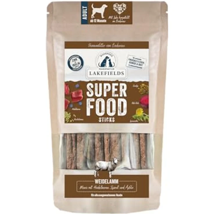 Lakefields SUPERFOOD Sticks, Premium Hundeleckerli vom Weidelamm, 61% Fleisch, getreidefrei, 130g, mit Heidelbeeren, Spinat & Hagebutte, entwickelt mit Tierärzten – Bild 1